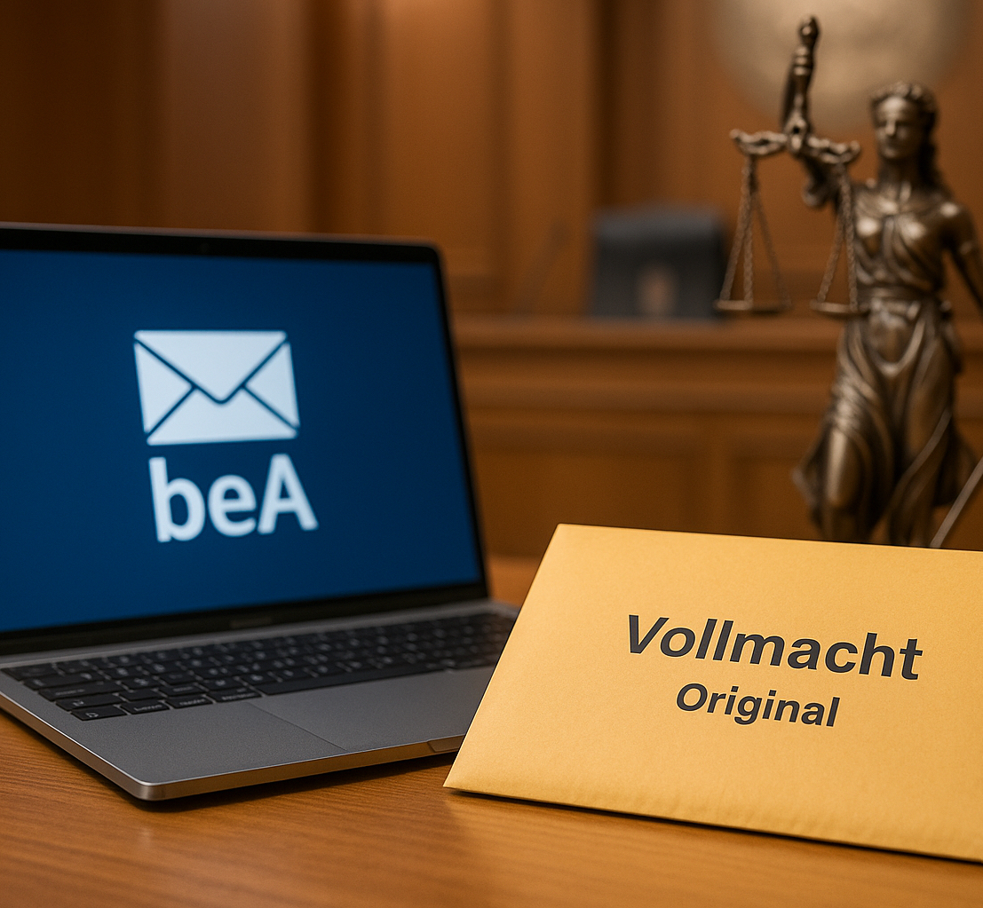 Gerichtsschreibtisch mit beA-Laptop und Original-Vollmacht im Umschlag – Symbol für digitale Einreichung und formstrenge Vollmachtsanforderungen im Strafverfahren
